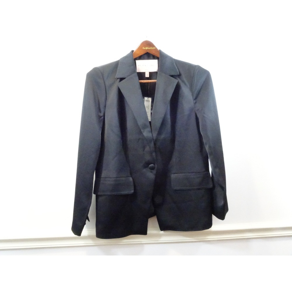 Chicos Black Label Easy Blazer Black Satin Finish Single Button Jacket Size 12